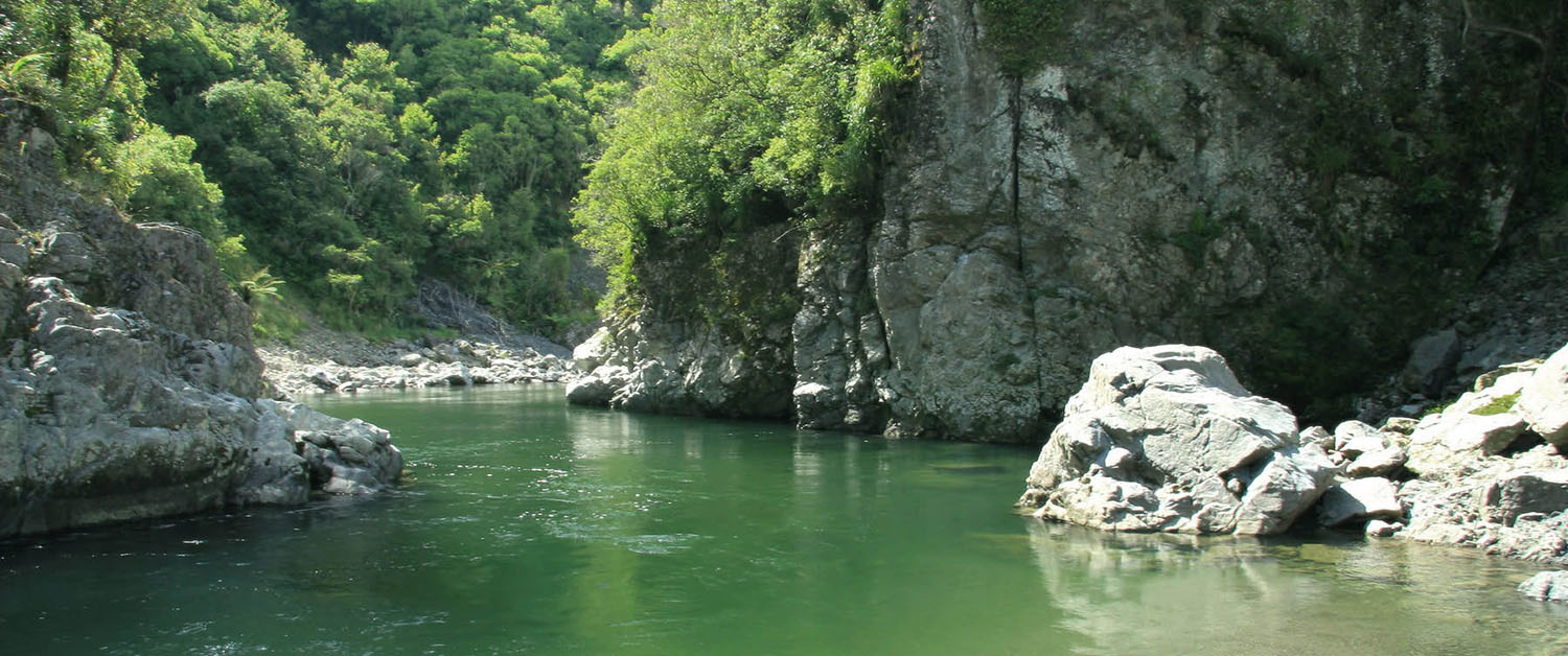  deep slow-moving backcountry pool with steep sided rocks in a bushclad valley