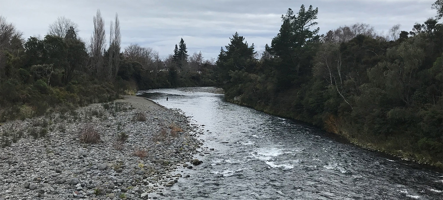 Tongariro River, muted monochromatic tones on overcast day